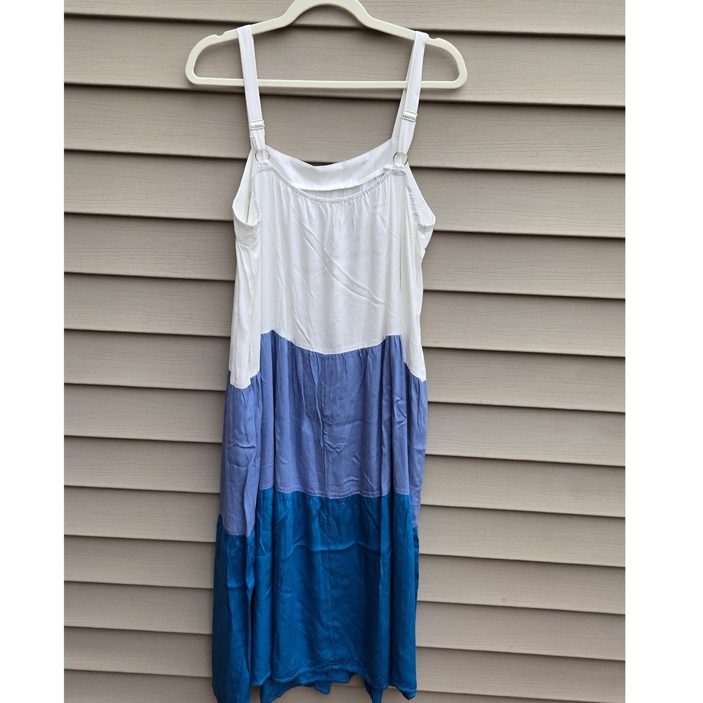 Colorblock Tiered Midi Dress White Blue Viscose Sleeveless XL - Picture 4 of 6